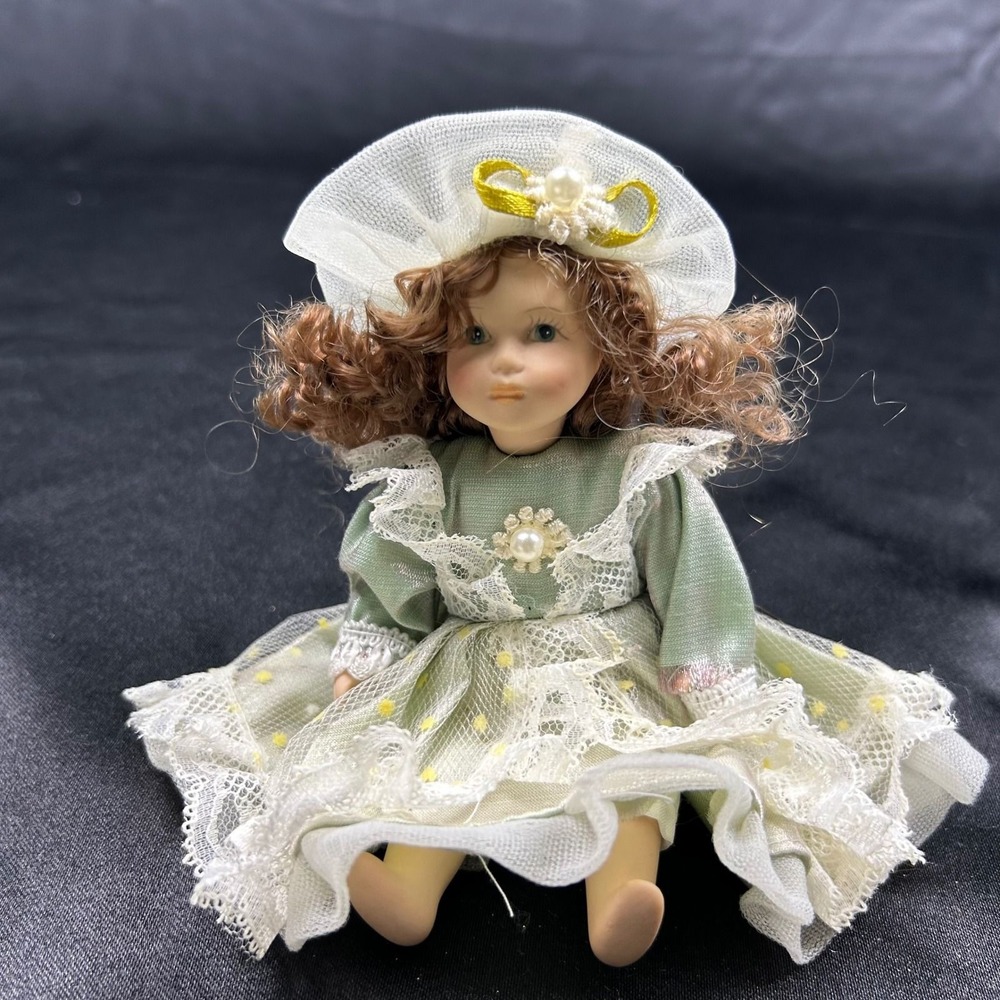 Vintage Miniature Porcelain Doll Sage Green Lace Dress Auburn Hair 6.5 Inch